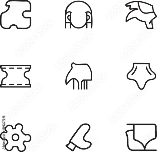 Surgery and operation vector icon set adjustable line weight editable stroke outline icon set puzzle,head,pegasus,hourglass,hand,neck brace,bacteriophage,glove,diaper icons