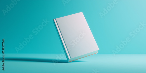 Isolated blank book leaning against blue background with copy space