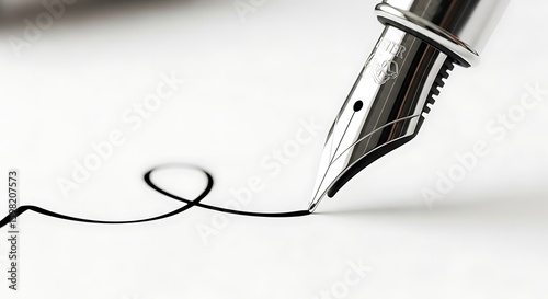 Close up of a fountain pen writing a swirling line on white paper