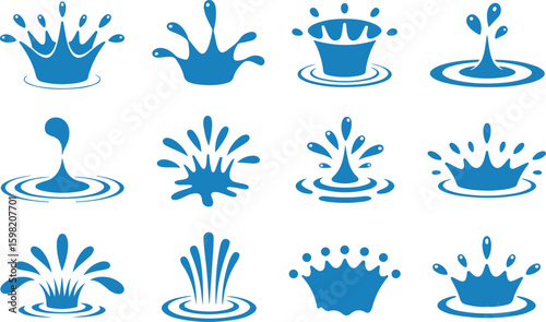 Cartoon water splash effects depict fluid dynamic splashing, droplets and ripples in motion. Isolated vector set of liquid splatters, aqua or water splashes and swirls for animation and visual effects