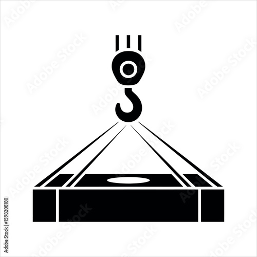 Black crane hook lifting a rectangular object with a white circle cargo