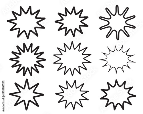 Nine outlined starburst shapes with varying points arranged on a white background in a grid pattern