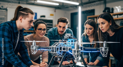 Group Of Engineers Inspecting And Working On A Sophisticated Drone Project