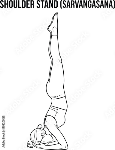 A woman is depicted in a shoulder stand yoga pose, also known as Sarvangasana, showcasing balance and flexibility in a minimalist line art style, ideal for health and wellness content.