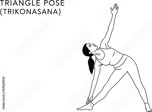 A minimalist line art illustration showcases a woman in the Triangle Pose, also known as Trikonasana, a popular yoga asana that stretches and strengthens the body, promoting flexibility and balance.