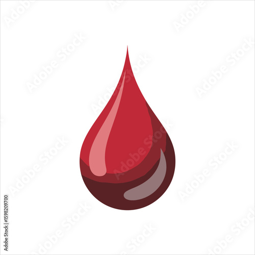 Single red blood drop with highlights and shadows on white background liquid droplet