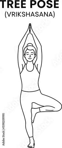 Line art illustration showcases a woman in the Vrksasana yoga pose, also known as tree pose, promoting balance, mindfulness, and wellness through a simple, clean design.
