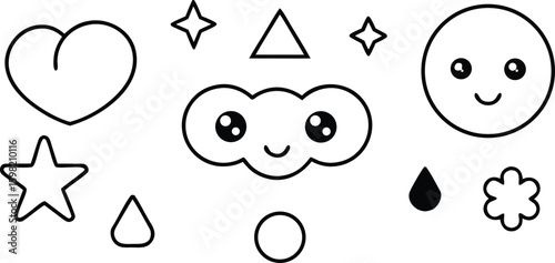 Vector art of a charming collection of simple black and white outline icons, including a heart, star, cloud with a face, and geometric shapes, on a transparent background.