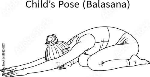 Line art illustration showcases a woman in Child's Pose (Balasana), a relaxing yoga asana, perfect for wellness, fitness, and mindful exercise content, emphasizing flexibility and calm.