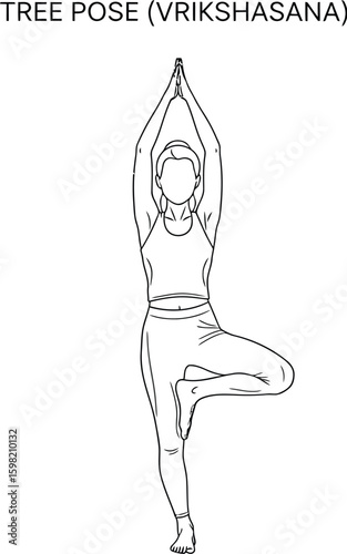 A woman is depicted in the tree pose, also known as Vrikshasana, showcasing balance and flexibility in a minimalist line art illustration perfect for yoga and wellness themes.