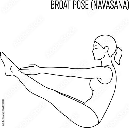 Line art illustration showcases a woman in the Boat Pose or Navasana, a yoga asana known for core strengthening and balance, ideal for fitness and wellness content.