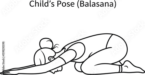 Line art illustration showcases a woman in Child's Pose, also known as Balasana, a relaxing yoga posture that stretches the hips, thighs, and ankles, promoting flexibility and calmness.