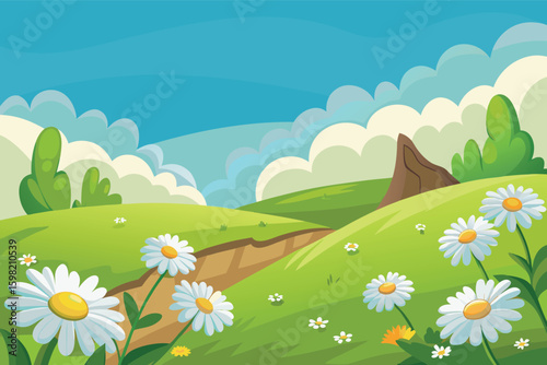 Vibrant spring meadow with daisies and rolling hills