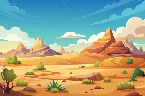 Vibrant desert landscape with rock formations and sparse vegetation