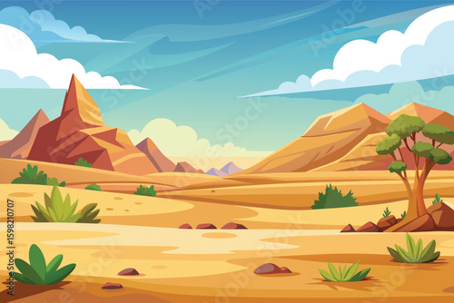 Stylized desert landscape with rocky peaks and sparse vegetation