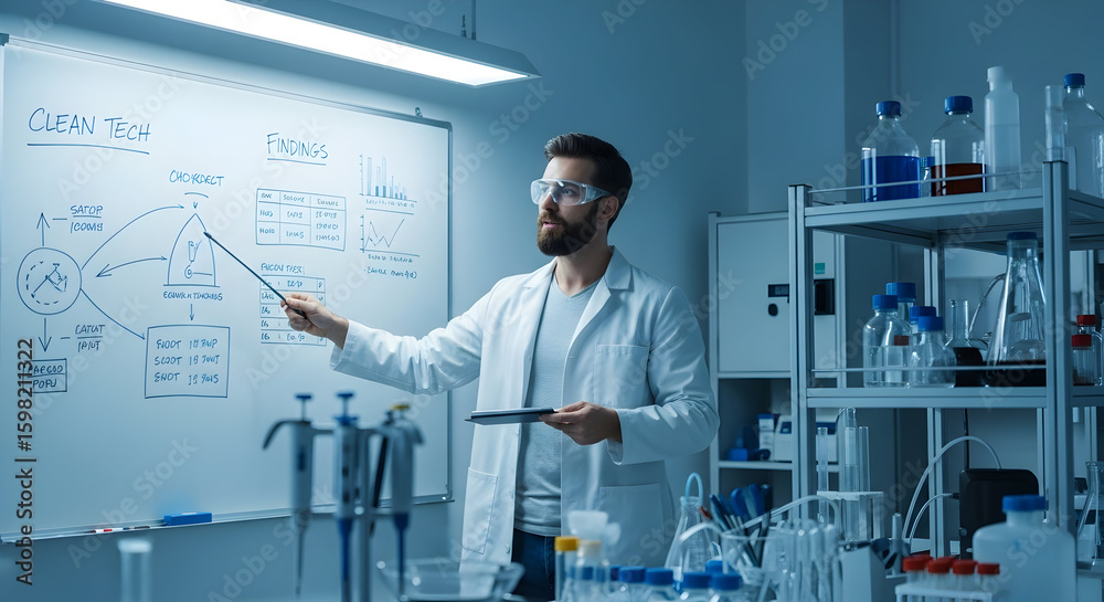 Naklejka premium Innovative Scientist Presenting Findings On Whiteboard In Clean Tech Research Laboratory