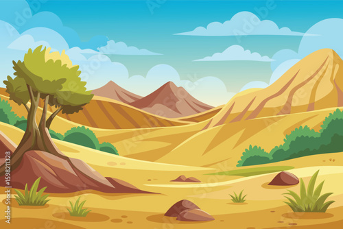 Vibrant desert landscape with rolling hills and lone tree