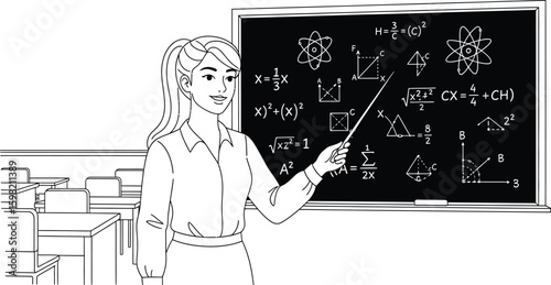 Vector art of a teacher is explaining math and science on the blackboard in the classroom to her students