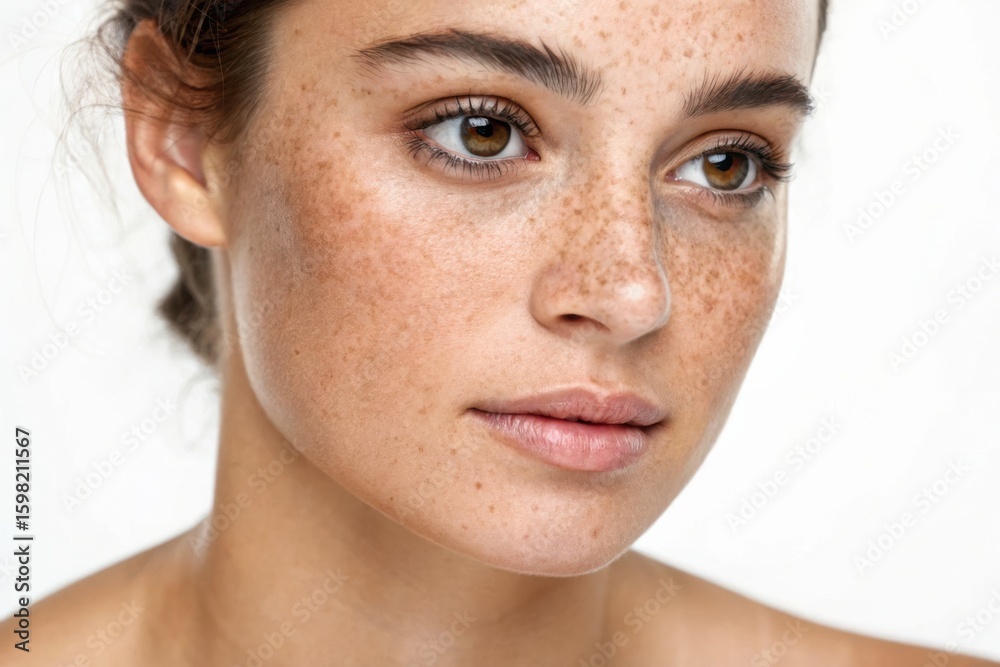 Fototapeta premium sun damage face, A close-up portrait of a young woman with freckles, showcasing her natural beauty and expressive eyes against a plain background.