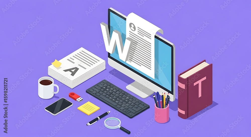 Isometric view of a modern desk with computer and study materials Isometric view of a modern desk with computer and study materials