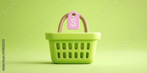 Shopping basket with price tag and dollar symbol on green background