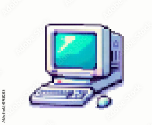 Pixel art vector illustration of a retro computer. The style is nostalgic and 8-bit, using pastel colors like light blue, purple, and cream, with blocky geometric shapes and clear pixel outlines.
