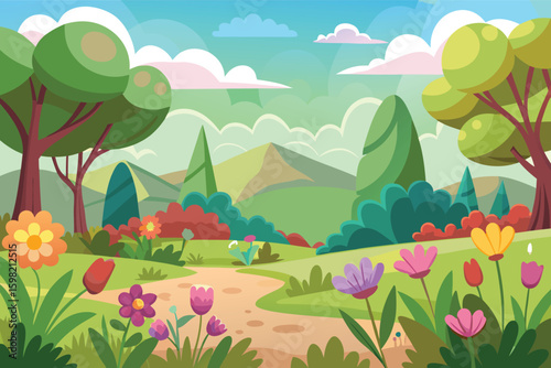 Vibrant spring meadow landscape with blooming flowers and rolling hills
