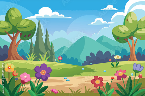 Vibrant spring meadow with rolling hills and blooming flowers