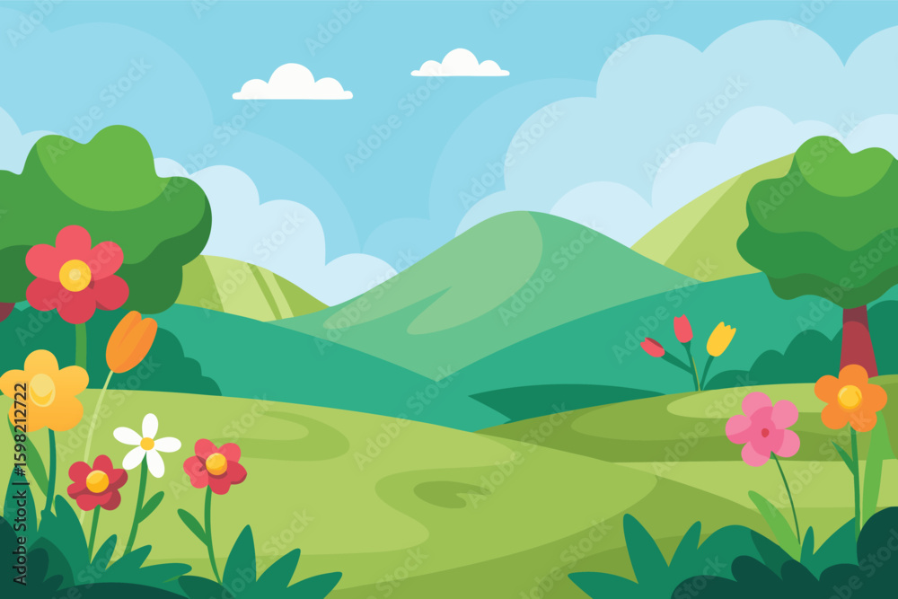 Fototapeta premium Vibrant spring meadow landscape with rolling hills and flowers