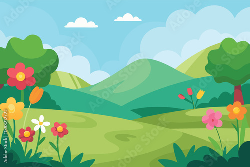 Vibrant spring meadow landscape with rolling hills and flowers