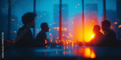 Silhouetted people gathering at night in city with glowing lights