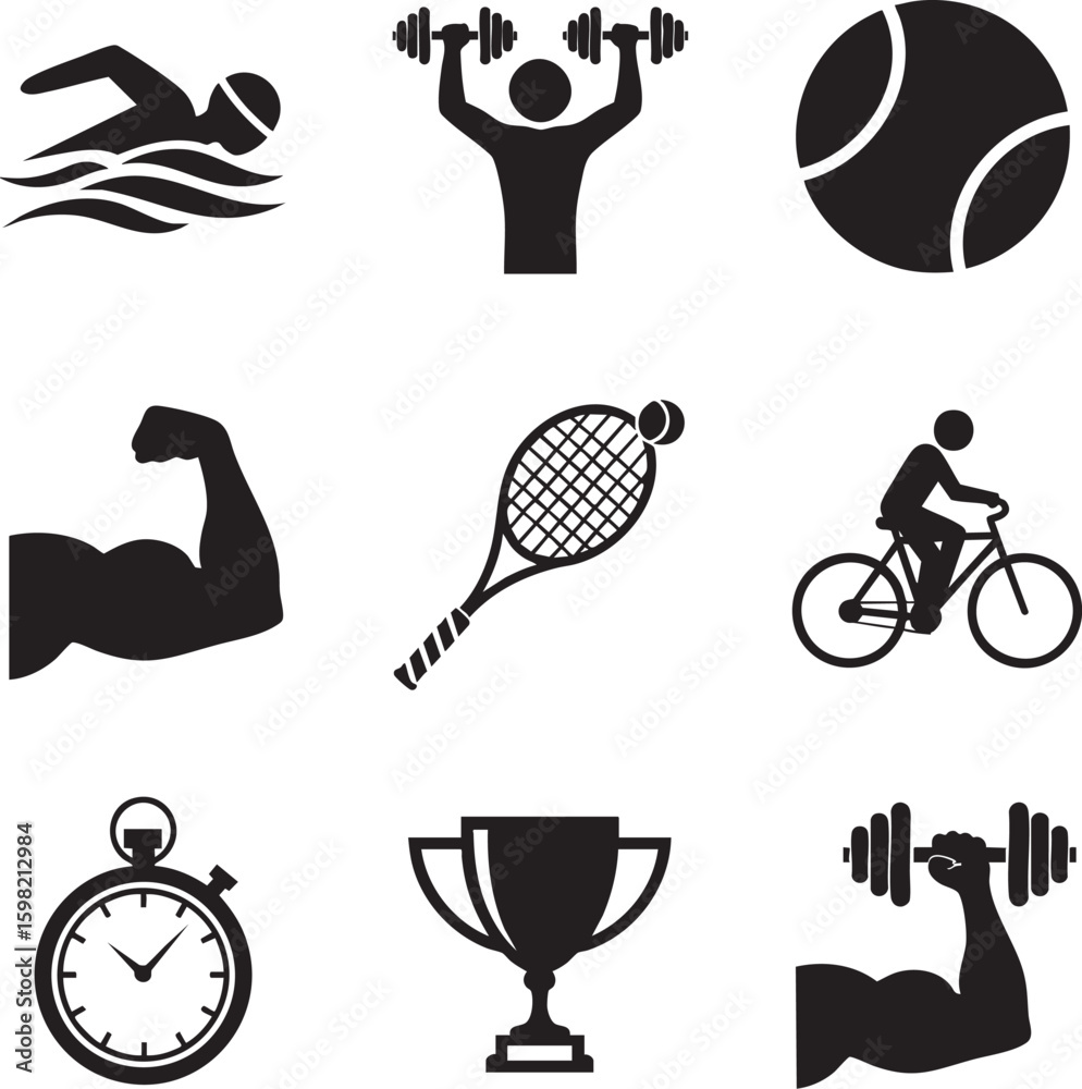 Collection of nine diverse sports and fitness icons representing various athletic activities and achievements Collection of nine diverse sports and fitness icons representing various athletic activities and achievements