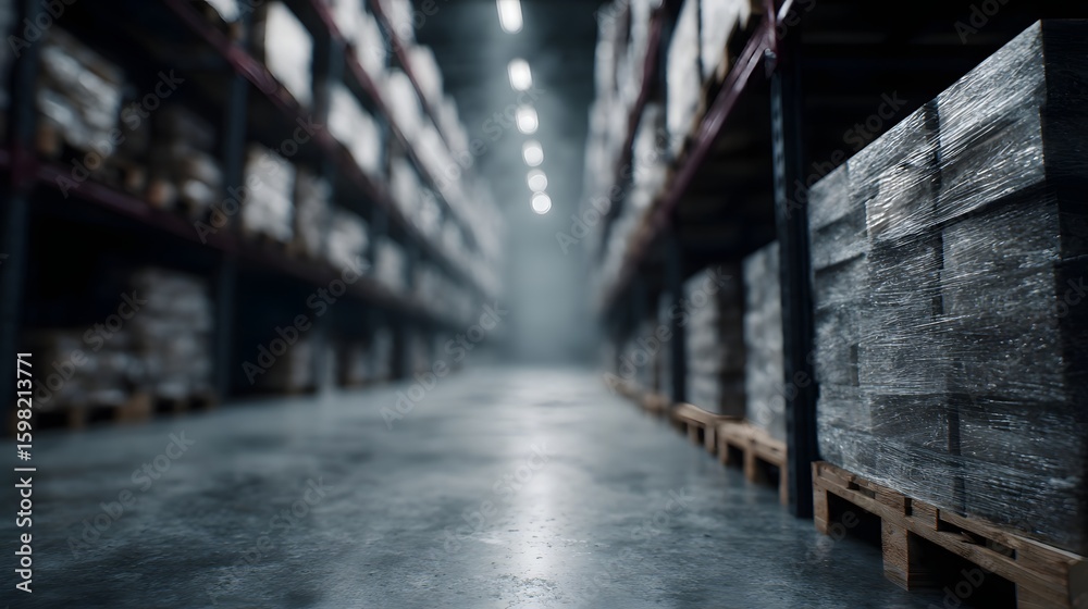 Fototapeta premium Rows of storage shelves in a dimly lit warehouse