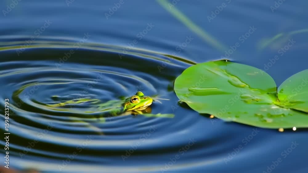 Green frog on rippled water with lily pad