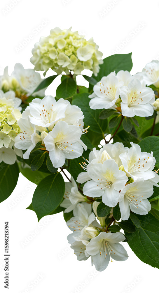 Fototapeta premium Isolated Photo White Rhododendron and Hydrangea on Black Background