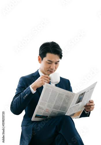 Photo of Businessman Reading Newspaper and Drinking Coffee
