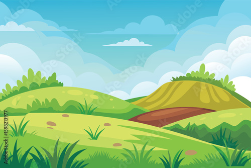 Vibrant cartoon landscape with rolling hills and sky