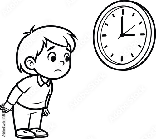 Vector art of a sad boy looks at a clock expressing anxiety and impatience while waiting for something important