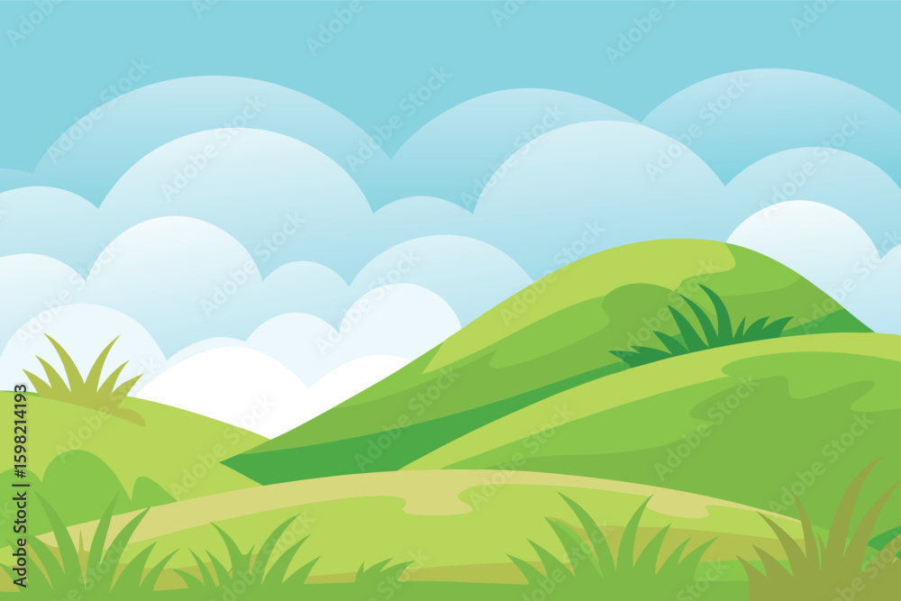 Obraz premium Vibrant rolling hills landscape with stylized clouds