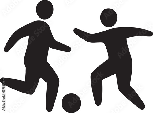Two stylized figures playing soccer with a ball between them in a dynamic action pose