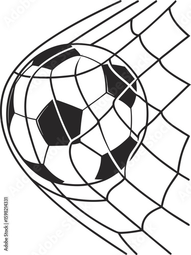 Classic soccer ball scores a goal captured in a net with dynamic motion lines