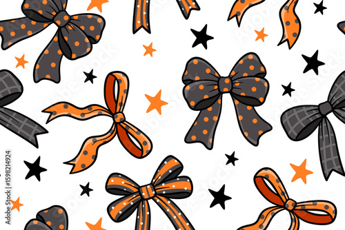 Cute Halloween Bow Seamless Pattern with Orange and Black Ribbon Clipart for Fall Decor, Crafts, and Digital Design