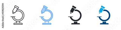 Microscope Icon Set Multiple Style. Designed In Outline, Blue, Glyph, Dual Tone