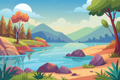Vibrant lakeside landscape with rolling hills and trees