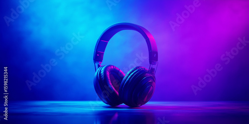 Stylish over-ear headphones illuminated by vibrant blue and purple lighting