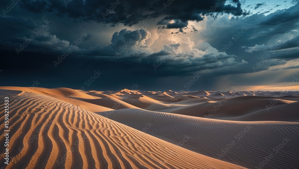 Naklejka premium Golden sand dunes under dramatic storm clouds with textured ridges and beams of light