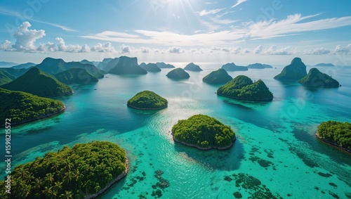 Tropical Island Paradise – Aerial View of Emerald Islets in Turquoise Waters under Bright Summer Sun