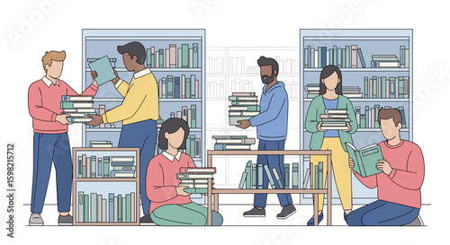 People at the library, choosing books to read and learn