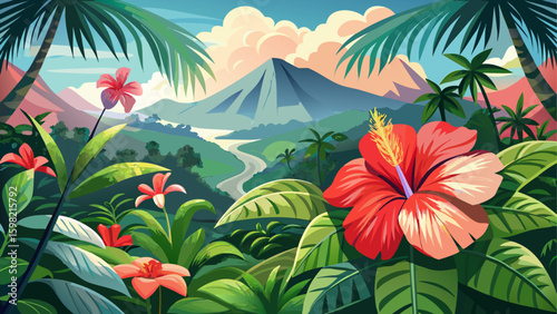 Very beautiful 
A panoramic view capturing the beauty of Puerto Rican hibiscus, amapola (Thespesia grandiflora), in full bloom amidst the tropical rainforest of El Yunque National Forest, Puerto Rico