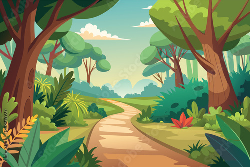 Lush forest path with verdant foliage and sunny sky
